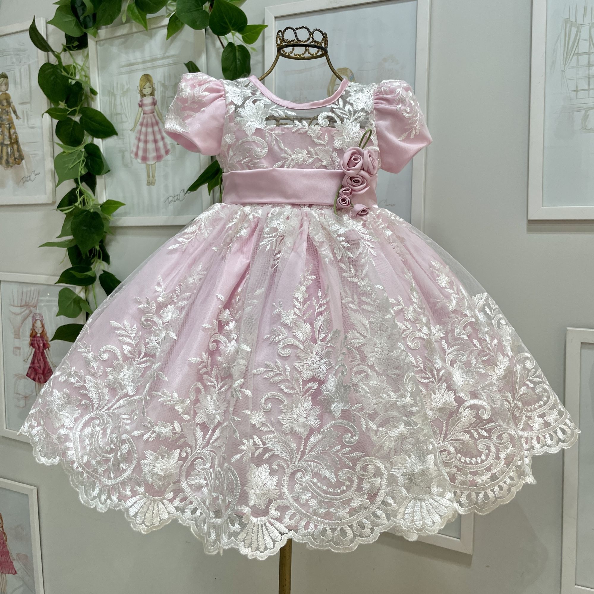 Vestido Infantil de Festa Luxo Kopela Rosa Sobrep. Tule Bordado Manga Bufante Broche de Flor