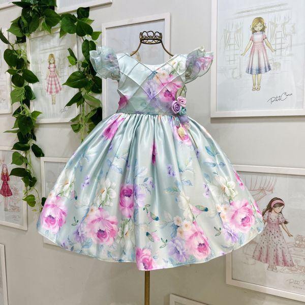 Vestido Infantil de Festa Luxo Kopela Verde Floral Manga e Cinto Organza