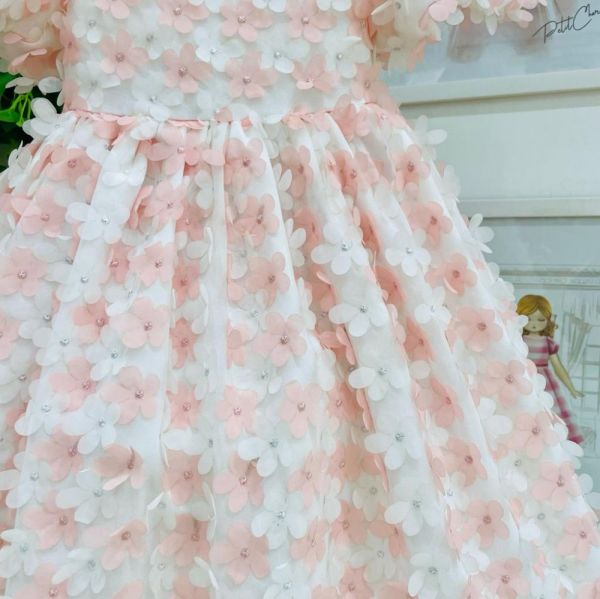 Vestido Infantil de Festa Mil Flores Brancas e Rosé com Faixa Petit Cherie 