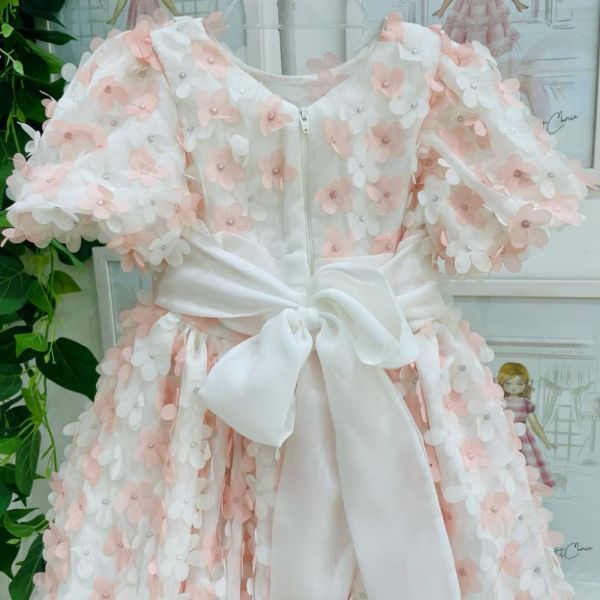 Vestido Infantil de Festa Mil Flores Brancas e Rosé com Faixa Petit Cherie 