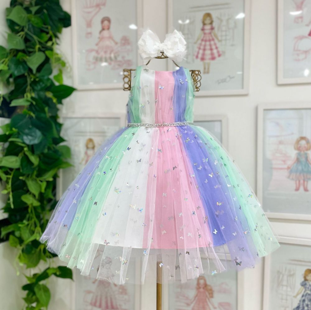 Vestido Infantil de Festa Multicor Petit Cherie Sobreposição em Tule Borboletas Holográficas        
