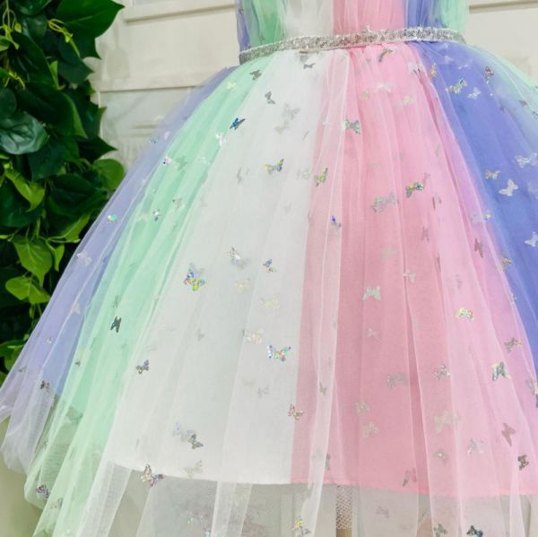 Vestido Infantil de Festa Multicor Petit Cherie Sobreposição em Tule Borboletas Holográficas        
