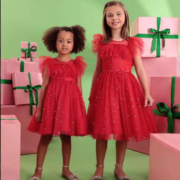 VESTIDO VERMELHO DE FESTA INFANTIL COM APLICAÇÕES DE FLORES 3D