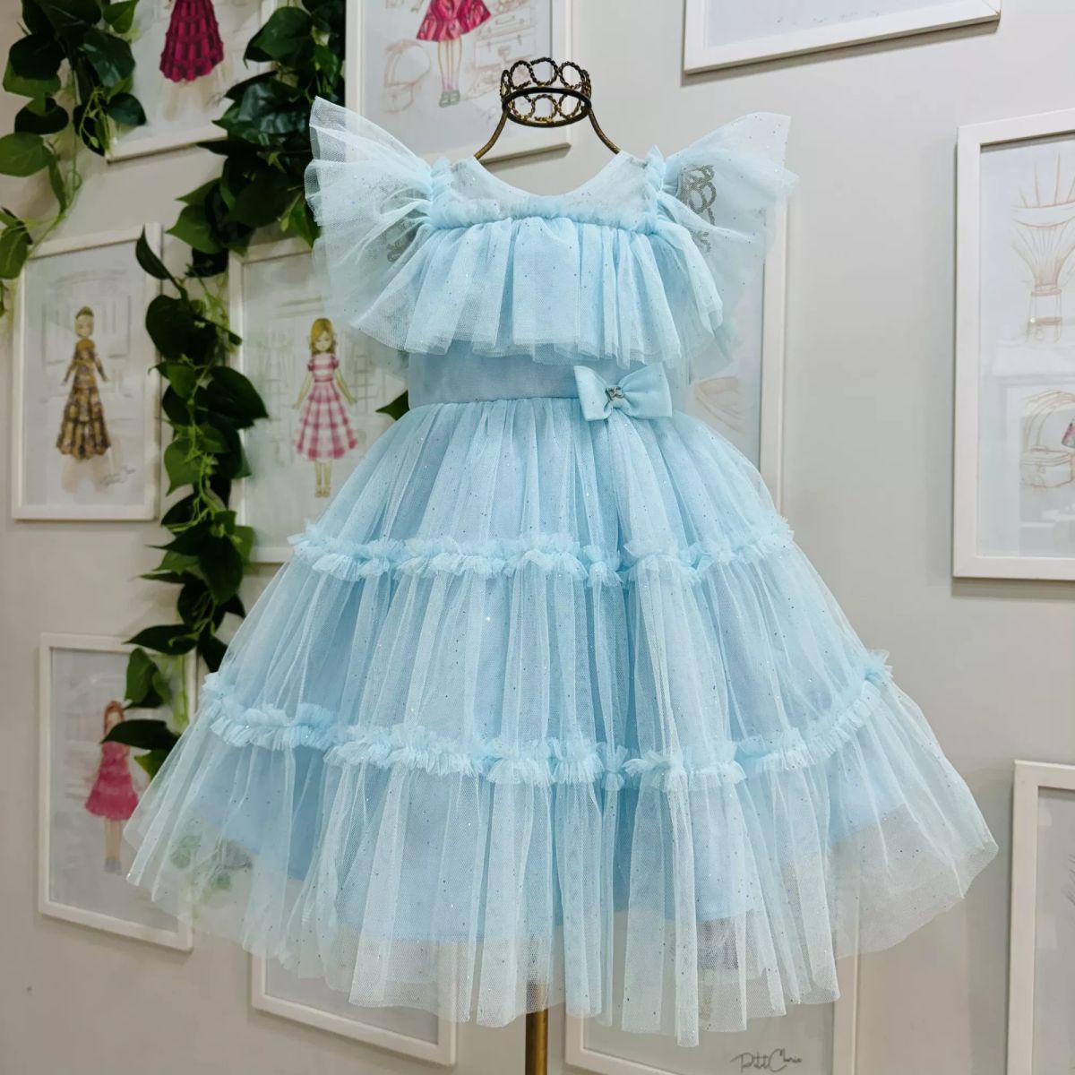 Vestido Infantil de Festa Petit Cherie Azul Turquesa Sobrep. Tule Brilho Camadas e Babados