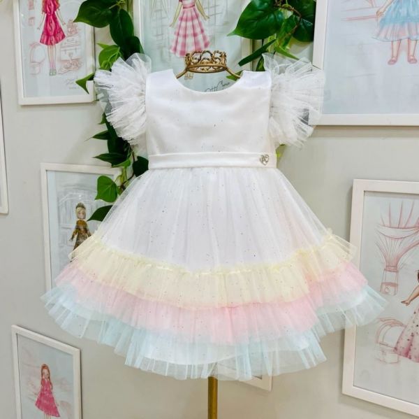 Vestido Infantil de Festa Petit Cherie Branco com Tule em Camadas Colorido Baby