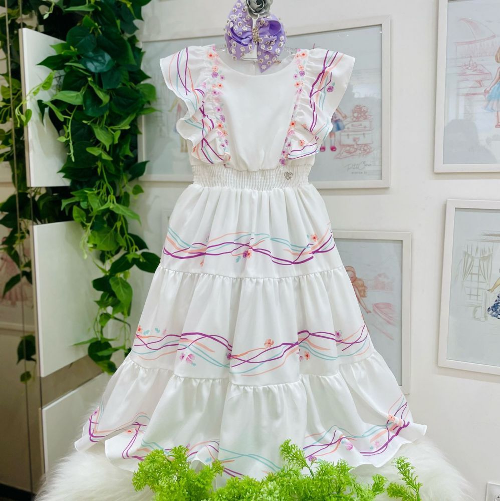 Vestido Infantil de Festa Petit Cherie Branco em Camadas Flores Delicadas com Babados e Lastex