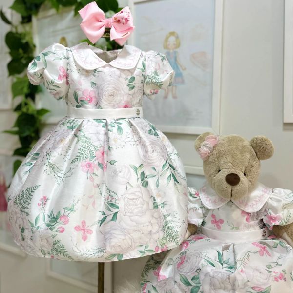 Vestido Infantil de Festa Petit Cherie Branco Floral Brilhos Manga Bufante Gola Boneca Bordado 