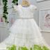 Vestido Infantil de Festa Petit Cherie Branco Renda Tule Manga Fru Fru Bordado Cinto Pérolas