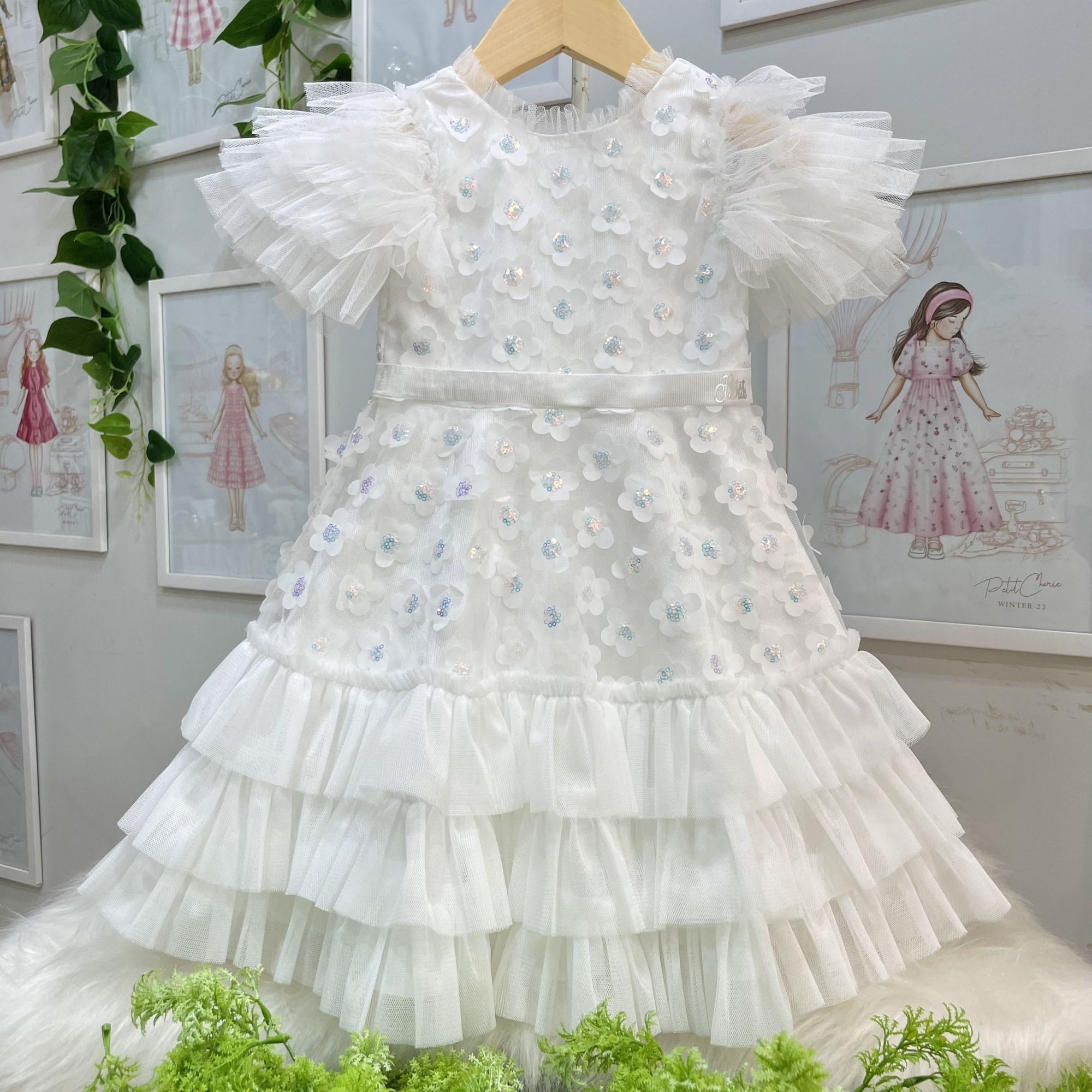 Vestido Infantil de Festa Petit Cherie Branco Sobrep. Tule Manga Fru Fru Bordado Flores Paetês 