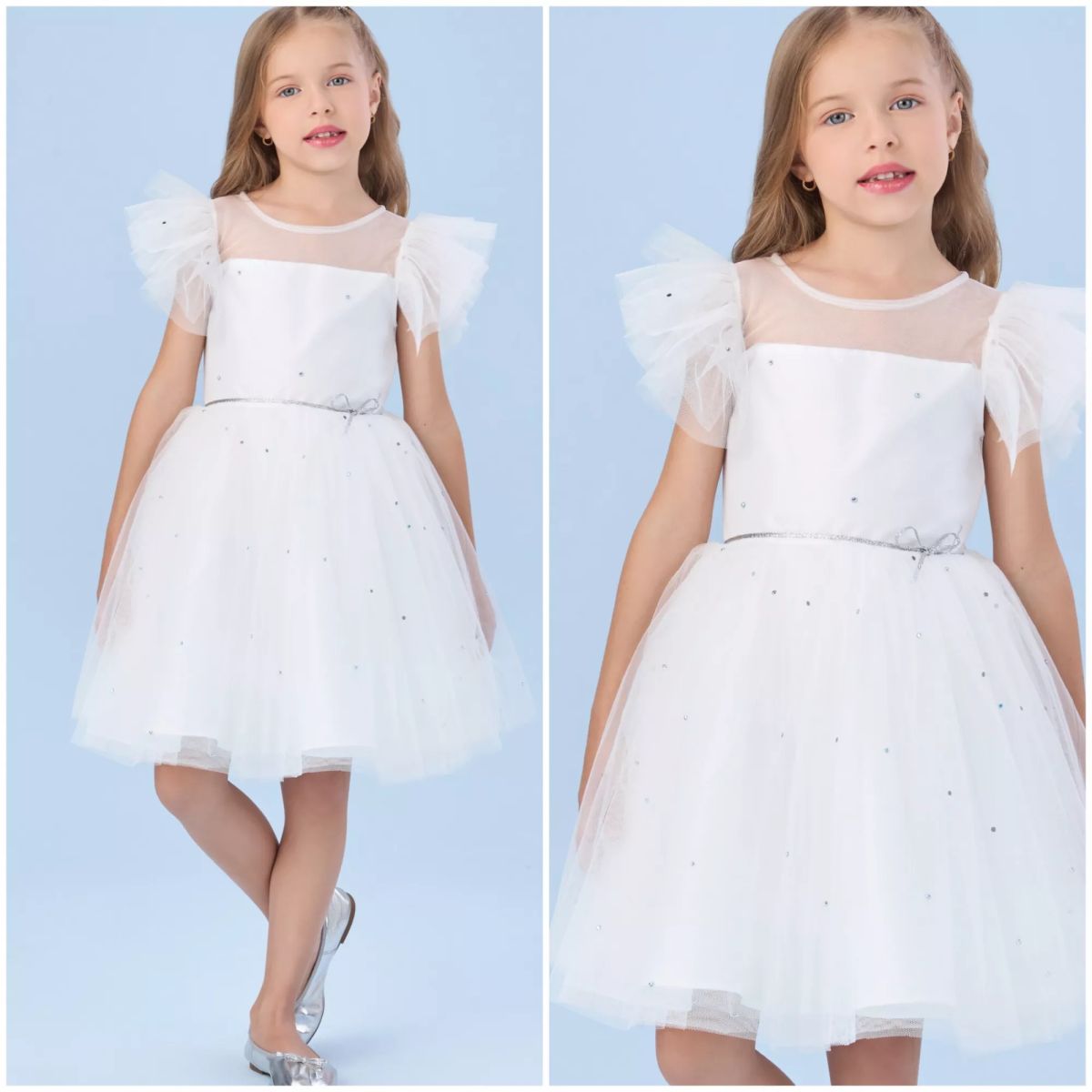 Vestido Infantil de Festa Petit Cherie Branco Sobrep. Tule Strass Cinto Prata