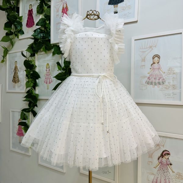 Vestido Infantil de Festa Petit Cherie Branco Sobrep. Tule Strass Cinto Tecido