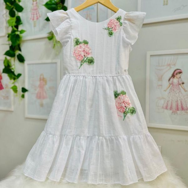 Vestido Infantil de Festa Petit Cherie Branco Xadrez Flores com Paetes Costas em V