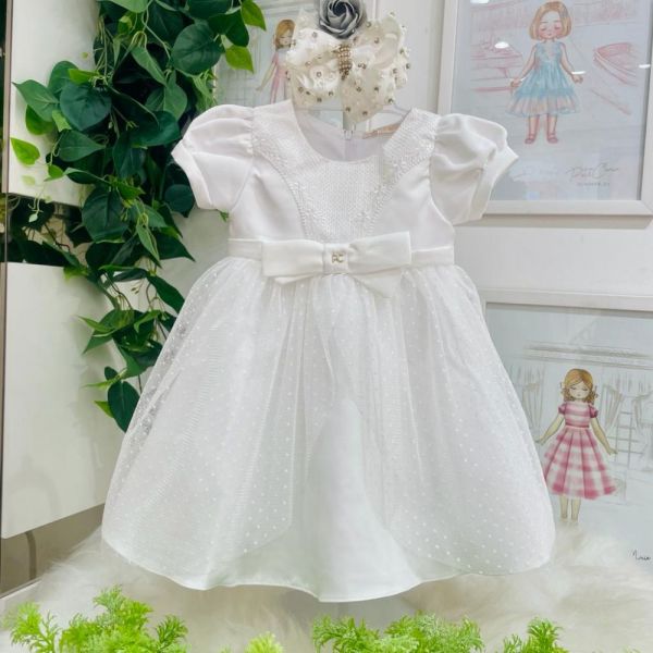 Vestido Infantil de Festa Petit Cherie Celebração Off White com Bordado e Tule Poá Texturizado