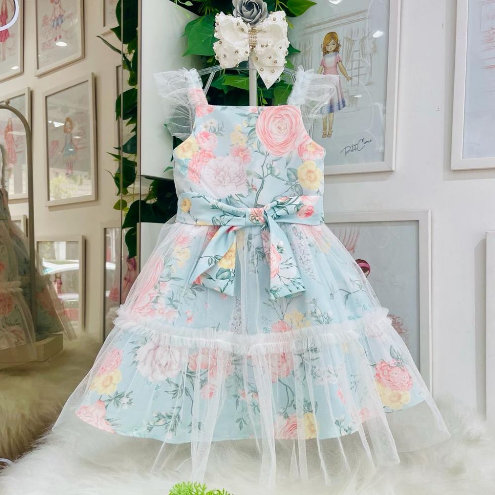 Vestido Infantil de Festa Petit Cherie de Alças Floral com Sobreposição em Tule Branco