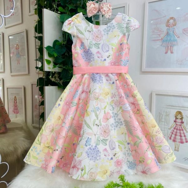 Vestido Infantil de Festa Petit Cherie Evasê Estampado Floral com Abelhas e Faixa Salmão
