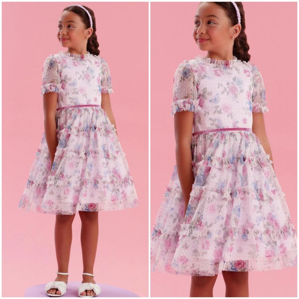 Vestido Infantil de Festa Petit Cherie Lilás com Rosas Babados e Tule Texturizado  