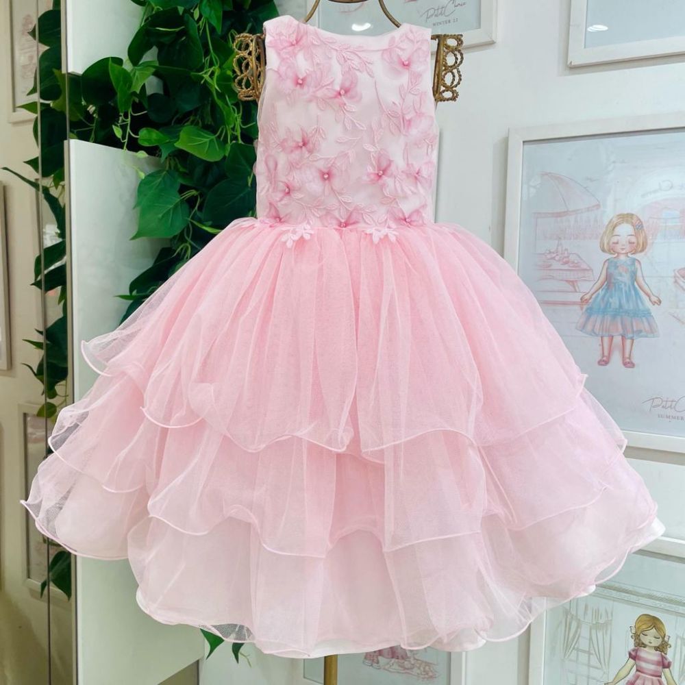 Vestido Infantil de Festa Petit Cherie Luxo Rosa com Bordados em 3D e Saia Babados Tule   