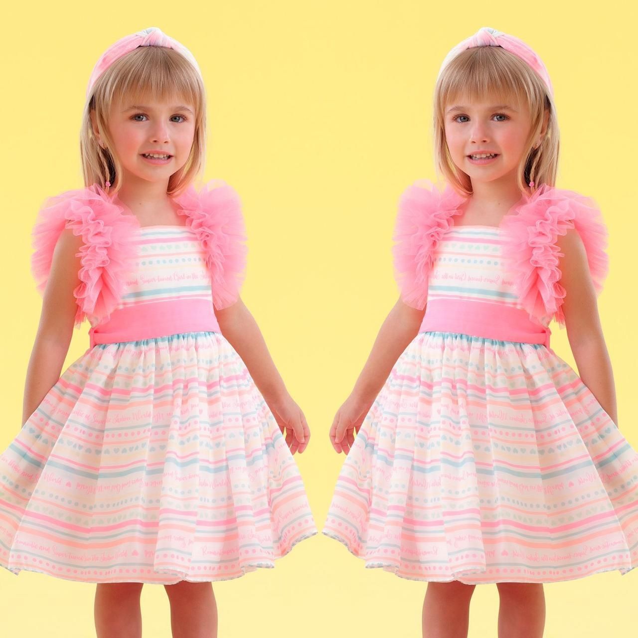Vestido Infantil de Festa Petit Cherie Mangas em Tule Pink com Listras 