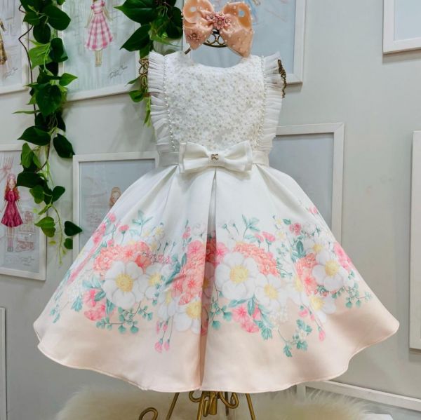 Vestido Infantil de Festa Petit Cherie Off-White Bordado Flores Perolas Manga Tule e Saia Floral
