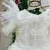Vestido Infantil de Festa Petit Cherie Off-White Brilho Bordado Laços Perolas Xadrez Sobrep. Tule