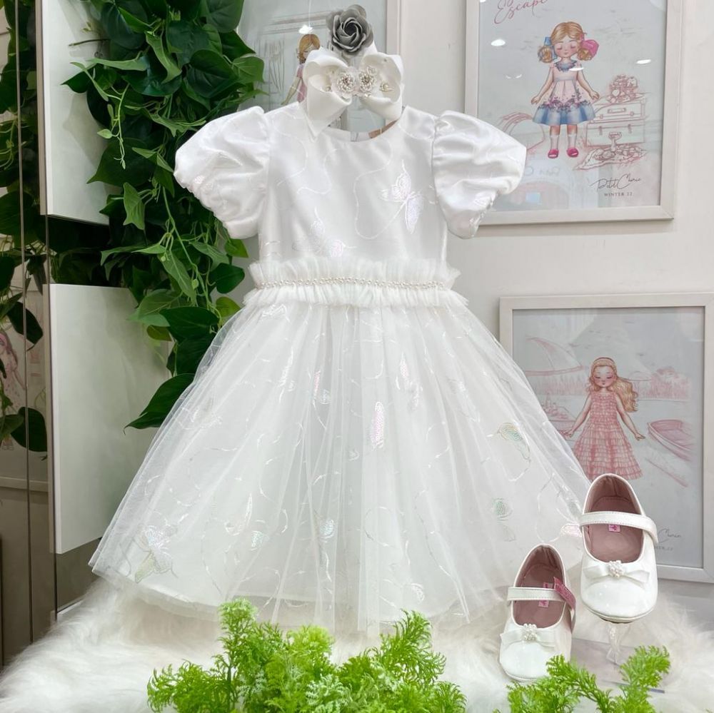 Vestido Infantil de Festa Petit Cherie Off White com Sobreposição em Tule Holográfico Butterfly     