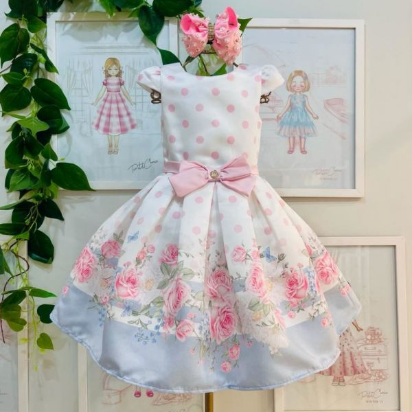 Vestido Infantil de Festa Petit Cherie Off White Floral com Bolinhas e Faixa Rosa Laço Central