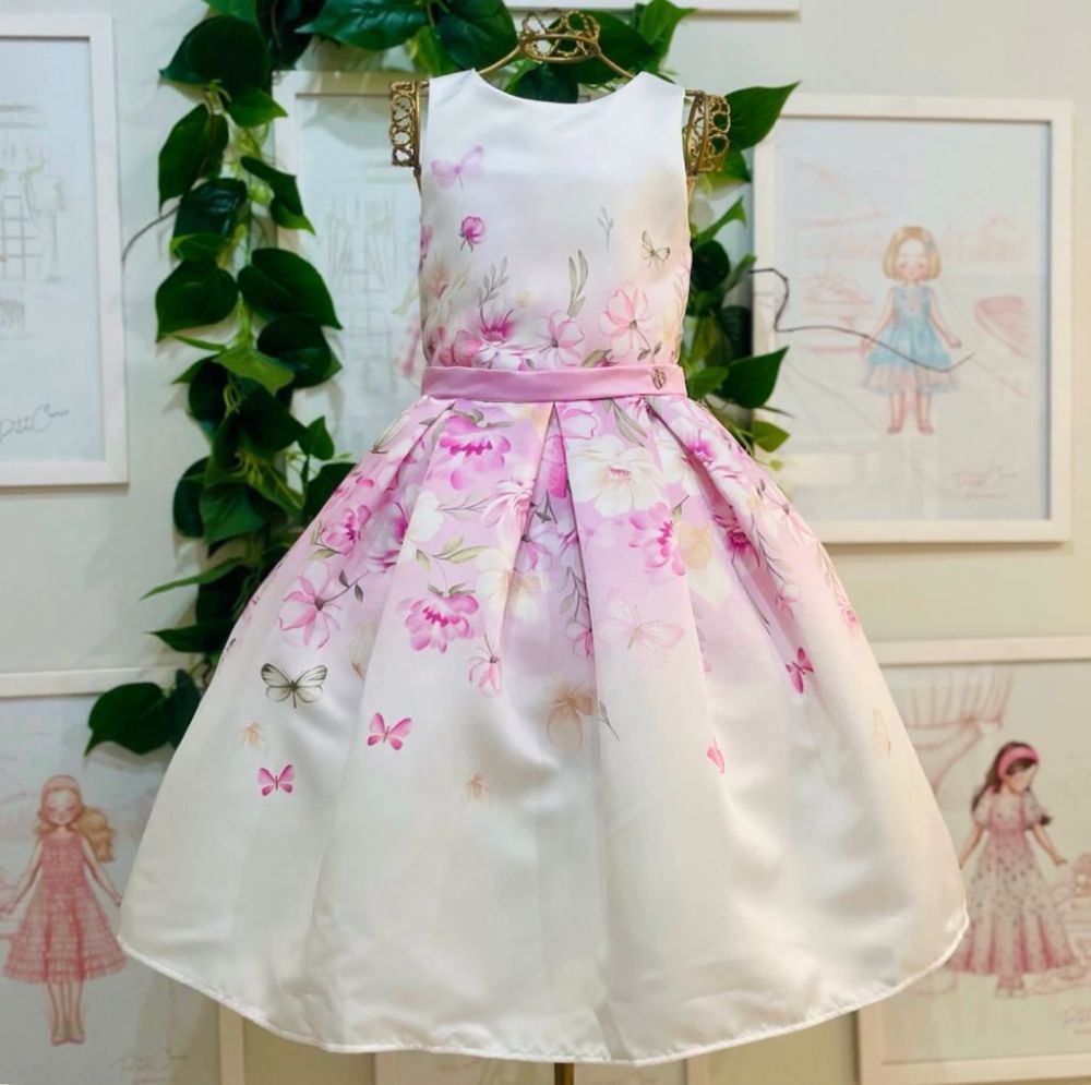 Vestido Infantil de Festa Petit Cherie Off White Jardim Rosa