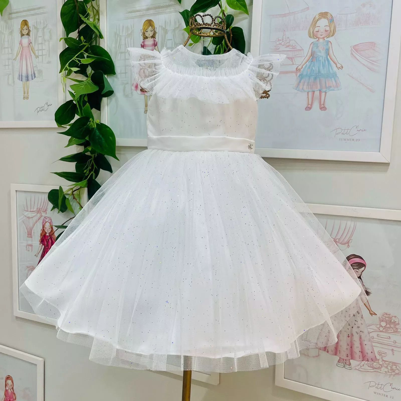 Vestido Infantil de Festa Petit Cherie Off White Sobrep. em Tule com Brilho