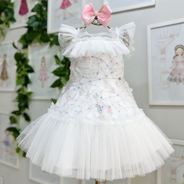 Vestido Infantil de Festa Petit Cherie Off-White Sobrep. Tule Bordado Colorido Flores