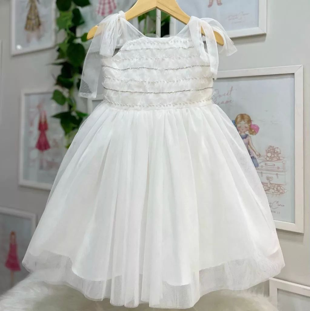 Vestido Infantil de Festa Petit Cherie Off-White Tule com Bordado Mini-Pérolas e Strass