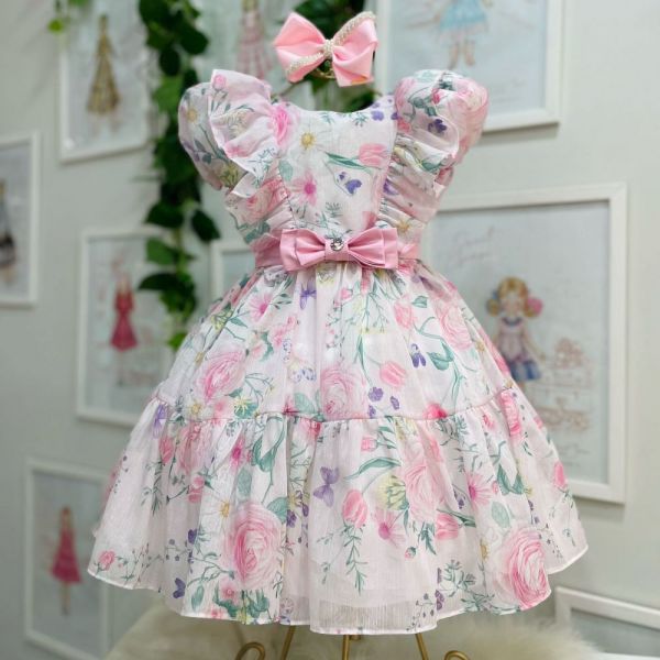Vestido Infantil de Festa Petit Cherie Rosa Claro Estampa Flores com Brilho Babados Manga Bufante