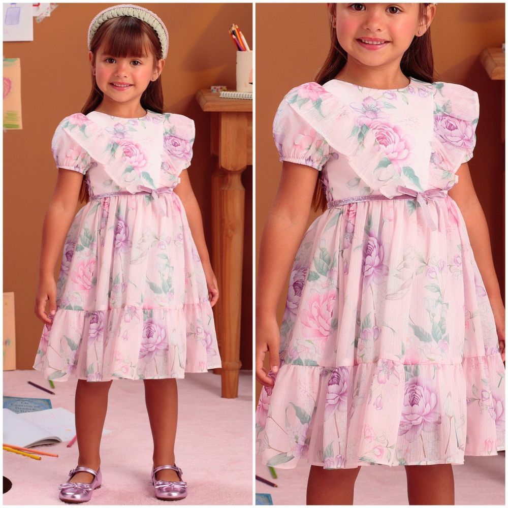 Vestido Infantil de Festa Petit Cherie Rosa Claro Floral Fluído 