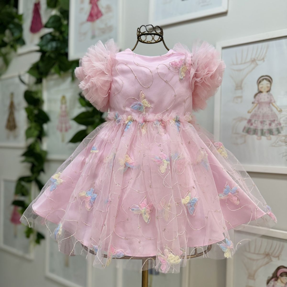 Vestido Infantil de Festa Petit Cherie Rosa Claro Sobrep. Tule Borboletas Coloridas Manga Fru Fru