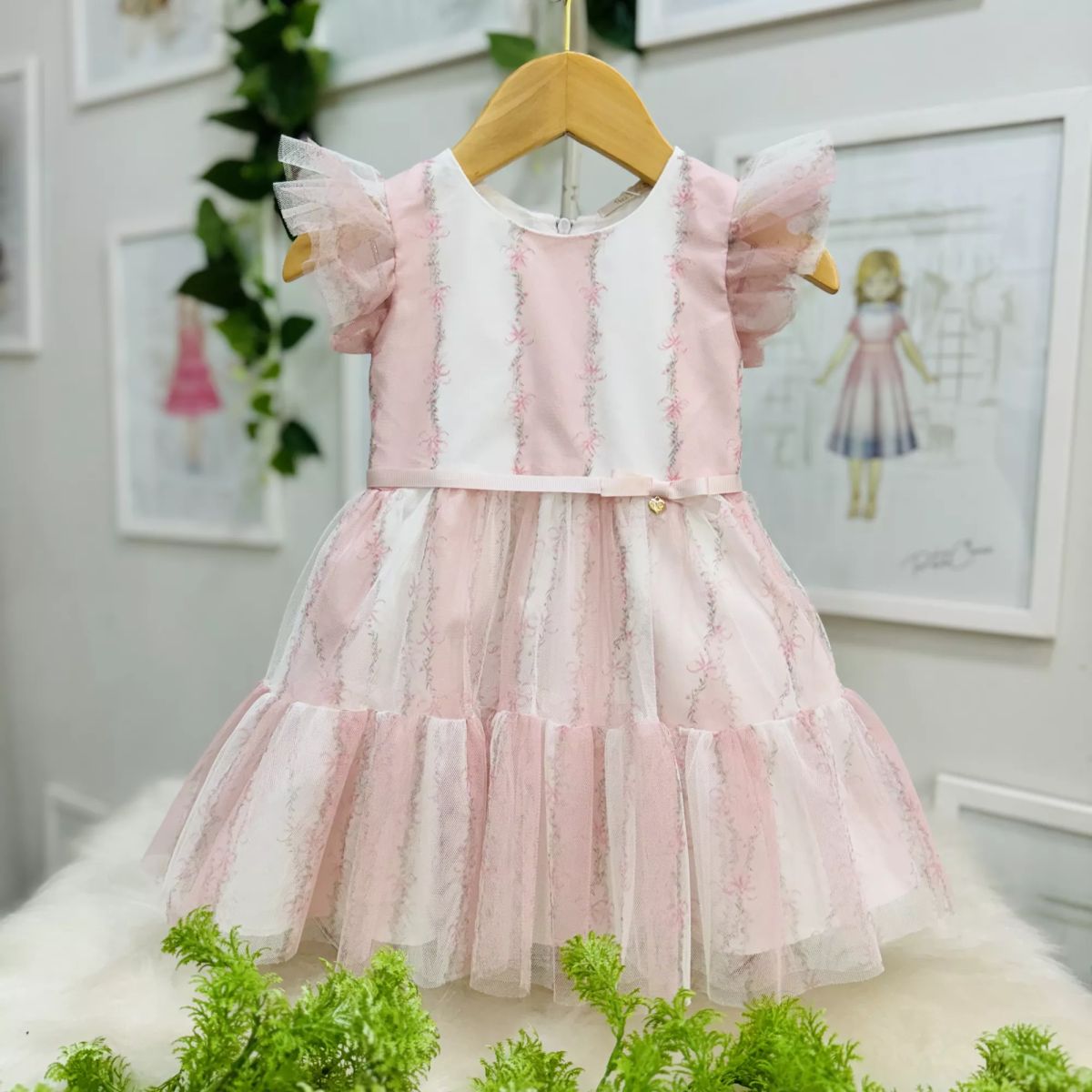 Vestido Infantil de Festa Petit Cherie Rosa Claro Sobrep. Tule Floral Listrado Manga Babado