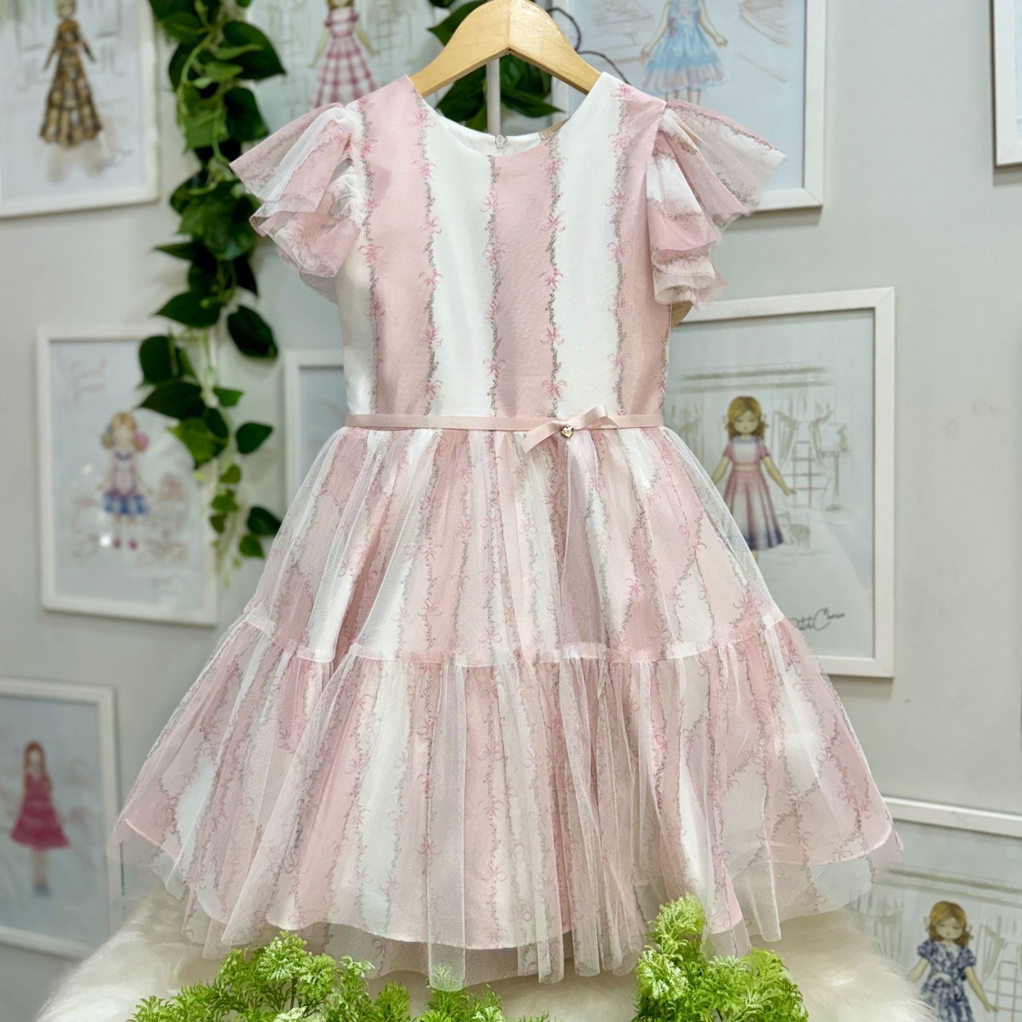 Vestido Infantil de Festa Petit Cherie Rosa Claro Sobrep. Tule Floral Listrado Manga Babado