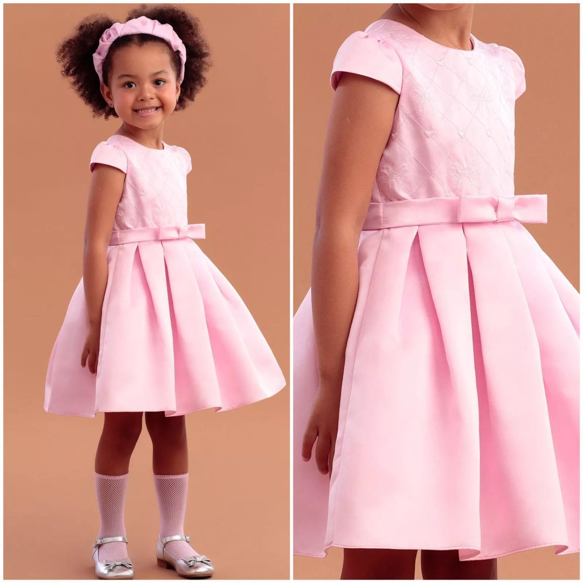 Vestido Infantil de Festa Petit Cherie Rosa com Laços Bordados