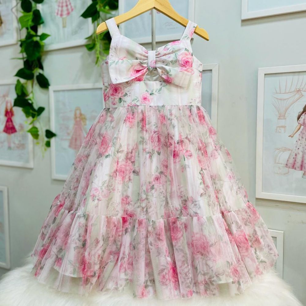 Vestido Infantil de Festa Petit Cherie Rosa Estampa Flores Laço Brilho e Tule