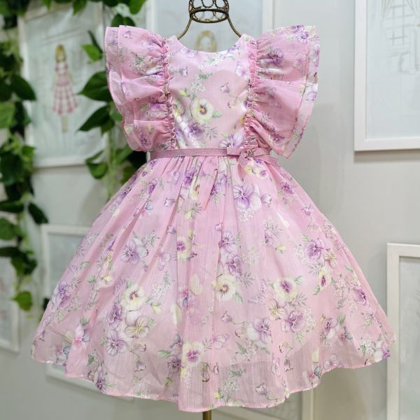 Vestido Infantil de Festa Petit Cherie Rosa Floral Brilho Manga Babado Cinto Rosa