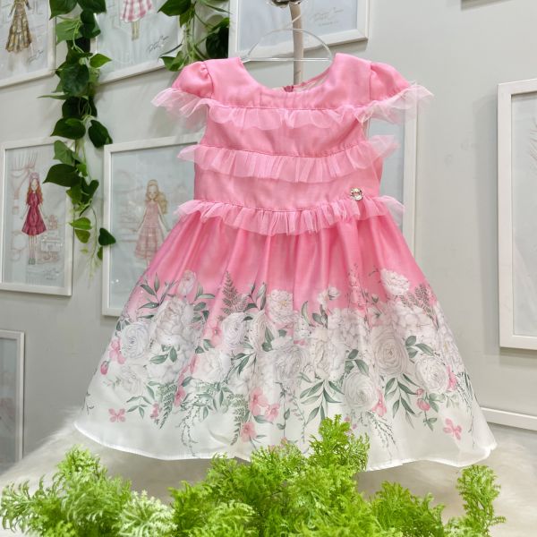 Vestido Infantil de Festa Petit Cherie Rosa Floral Strass Detalhes Tule