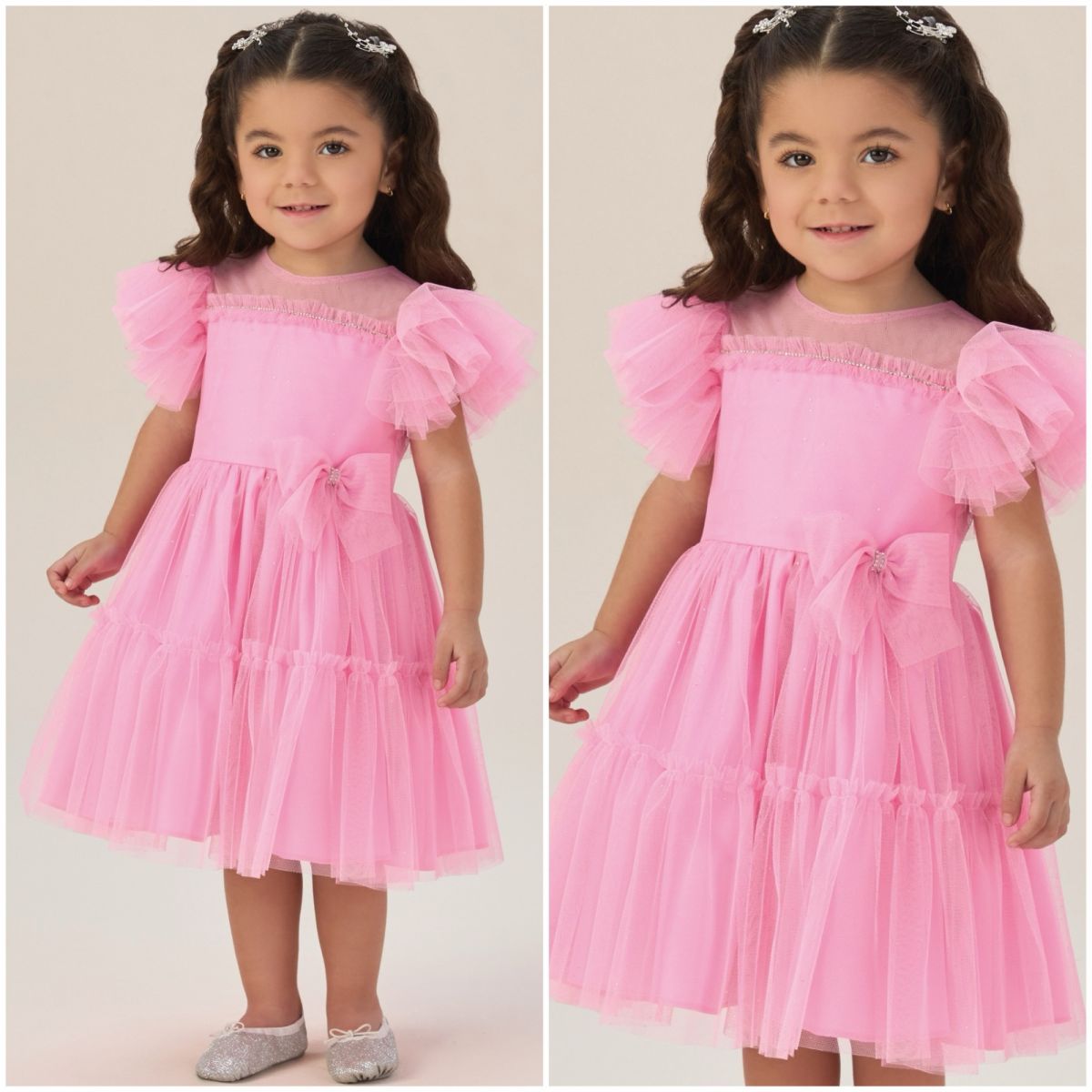 Vestido Infantil de Festa Petit Cherie Rosa Neon Sobrep. Tule Babados Laço Strass e Brilho
