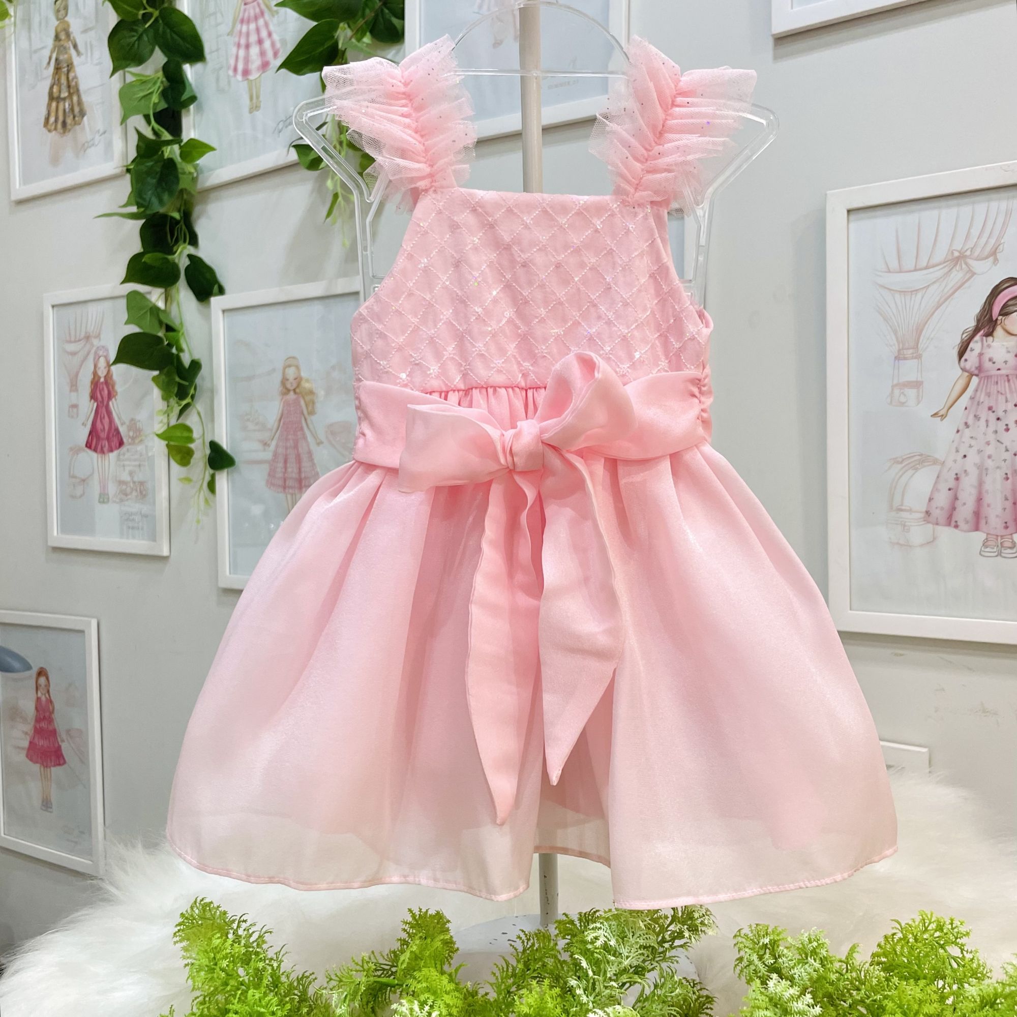 Vestido Infantil de Festa Petit Cherie Rosé Bordado Xadrez Paetês Alcinha Tule Brilhos Cinto