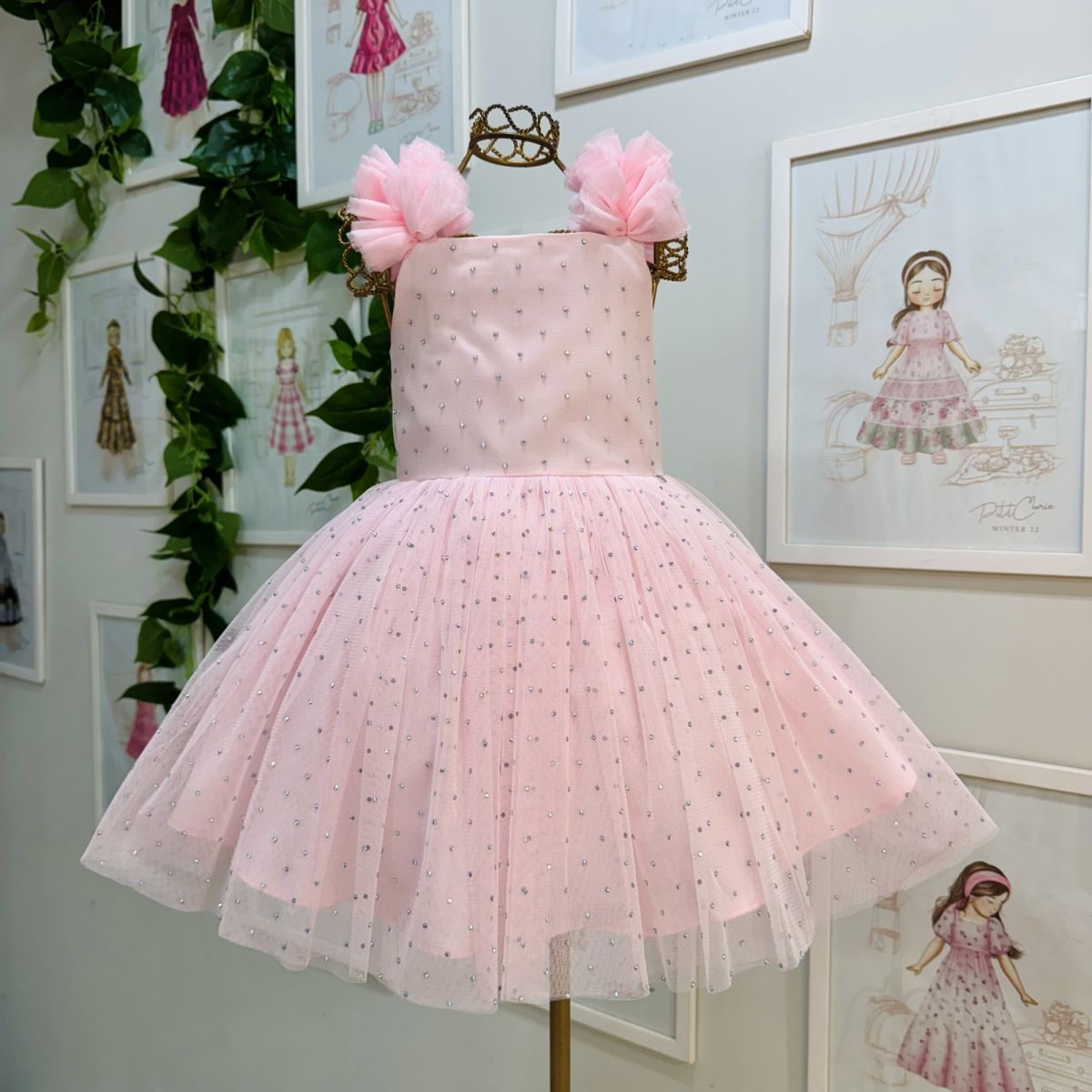 Vestido Infantil de Festa Petit Cherie Rosé Claro Sobrep. Tule Strass Manga Alcinha Babados