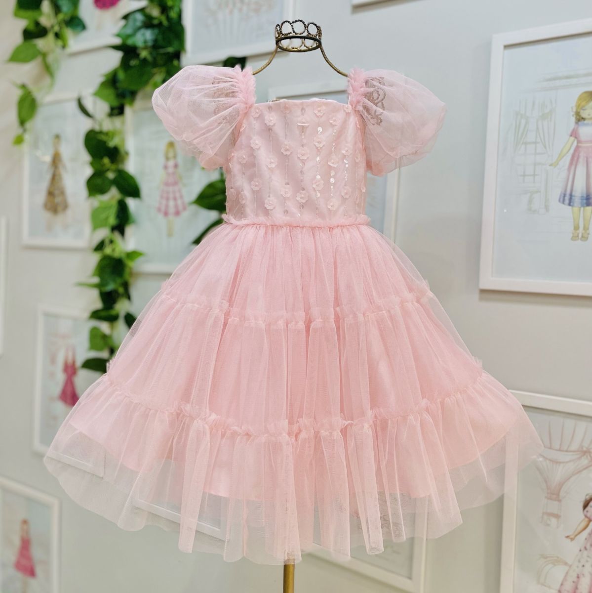 Vestido Infantil de Festa Petit Cherie Rosé Sobrep. Tule Bordado Flores Paetês Manga Bufante