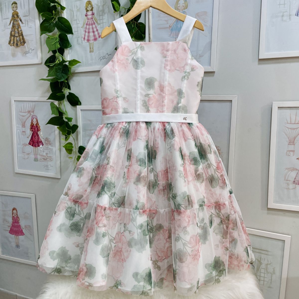 Vestido Infantil de Festa Petit Cherie Rosé Sobrep. Tule Floral Alcinha e Cinto Off-White