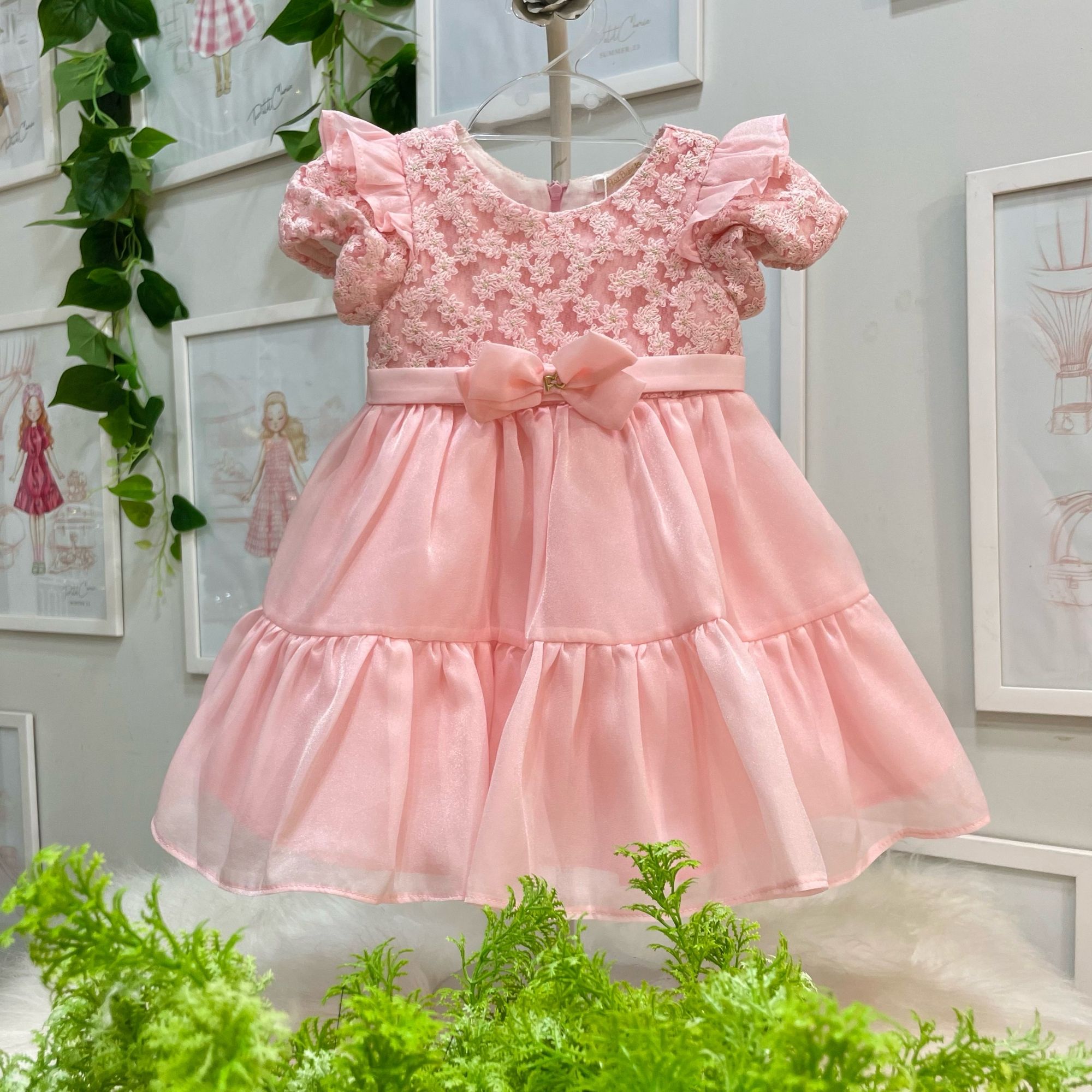 Vestido Infantil de Festa Petit Cherie Rosé Tule Bordado Flores Manga Princesa Cinto Laço
