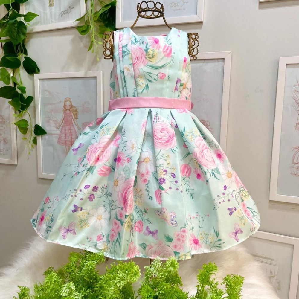 Vestido Infantil de Festa Petit Cherie Verde Claro Floral Brilho Faixa com Laço e Decote Costas V