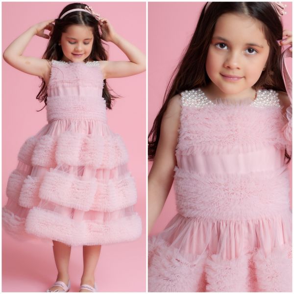 Vestido Infantil de Festa Pituchinhus Rosé Luxo Conceito Tule Babados e Camadas Pérolas