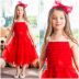 Vestido Infantil de Festa Pituchinhus Vermelho Babados Tule Perolas Tiara Laço com Strass