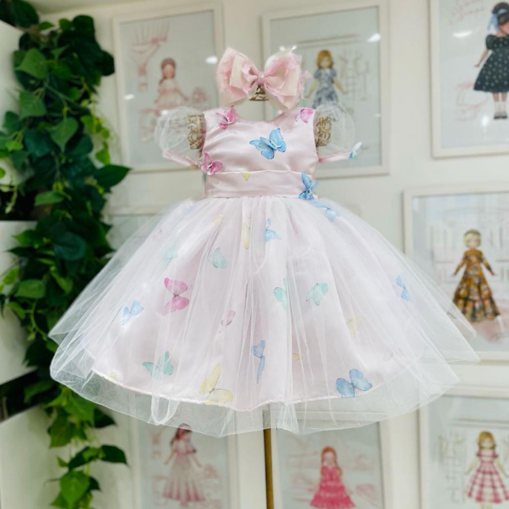 Vestido Infantil de Festa Rosa Borboletas com Sobreposição em Tule e Aplicação 3D Kopela