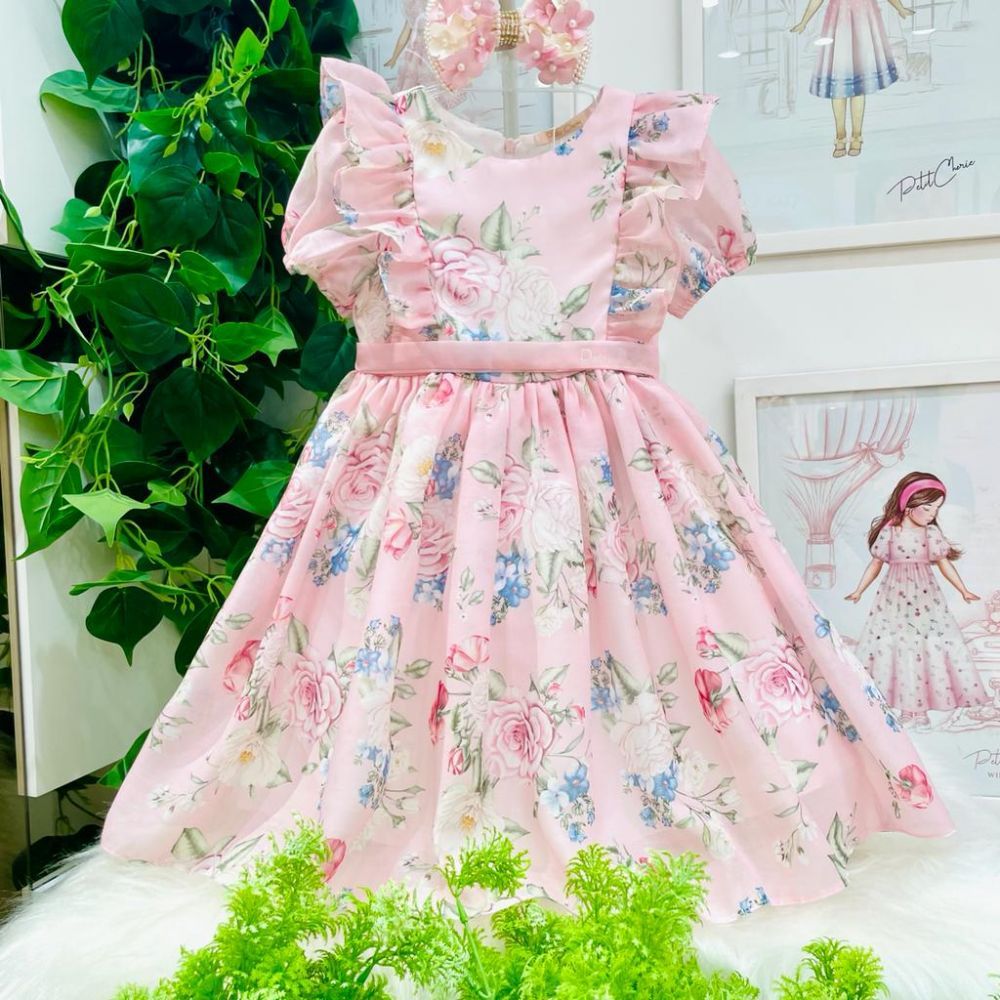 Vestido Infantil de Festa Rosa Estampado Flores Gardern Of Charms Petit Cherie